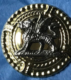 Pair of large Brass Rosettes with Silver (or Brass) Dragon, Fancy border.