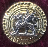 Pair of large Brass Rosettes with Silver (or Brass) Dragon, Fancy border.